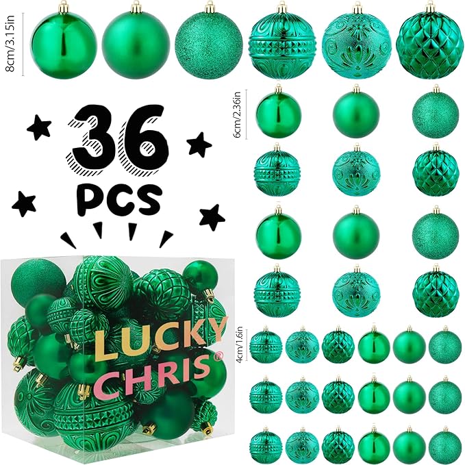 Christmas Ball Ornaments Green Christmas Tree Decorations with Hang Rope-36pcs Shatterproof Christmas Ornaments Set with 6 Styles in 3 Sizes(Small Medium Large)