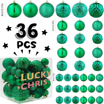 Christmas Ball Ornaments Green Christmas Tree Decorations with Hang Rope-36pcs Shatterproof Christmas Ornaments Set with 6 Styles in 3 Sizes(Small Medium Large)