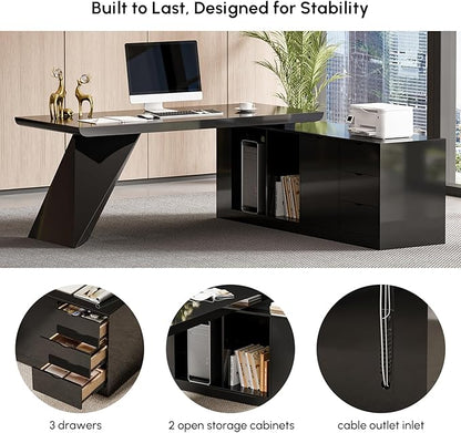 homary 70.9" Modern L-Shape Executive Desk Set, Home Office Desk with Home Office Executive Chair, Drawers & Cabinet Modern Computer Desk for Home Business Furniture, Black, Left Hand
