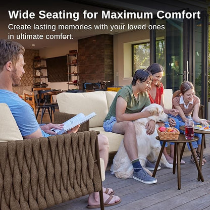 EAST OAK Life Chatter Patio Furniture Set 5 Pieces, Outdoor Chair 5-Seat with Two Round Table, Waterproof Thick Cushion Deep Seating for Porch, Balcony, Chestnut Brown & Creamy Apricot