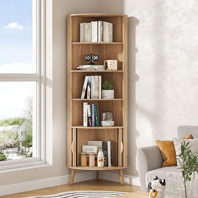 5-Tier Corner Shelf, 66.73''Tall Modern Corner Bookshelf, 5 Shelf Bookcase with 2 Fluted Doors, Freestanding Wood Corner Display Storage Shelf Organizer for Living Room, Office (Wood Color)