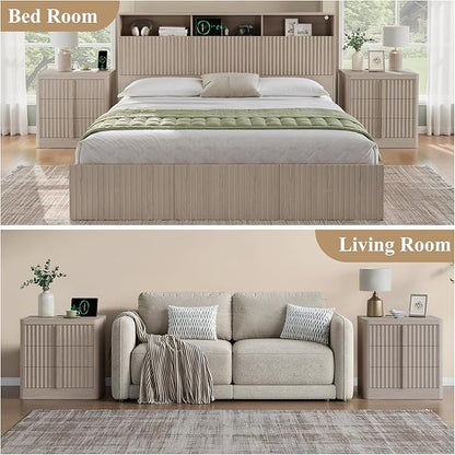 Fluted Nightstand Set of 2 with Charging Station, 23.6" Wood End Table with Solid Wood Handle, Mid Century Moden Bedside Table for Bedroom, Living Room, White Alder