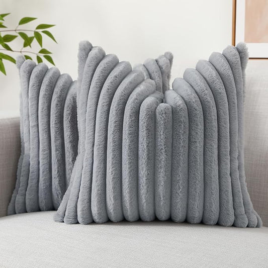 decorUhome Faux Fur Throw Pillow Covers 26x26 Set of 2, Decorative Soft Plush Striped Neutral Euro Pillow Covers with Velvet Back for Bed, Living Room Home Decor, Grey