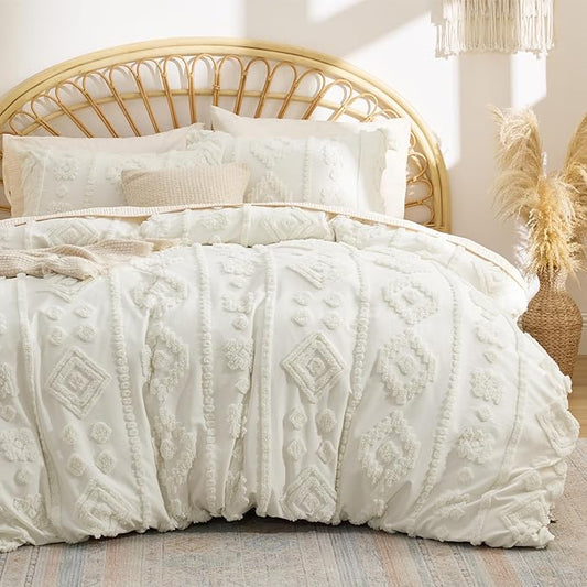 Bedsure Queen Size Comforter Set - White Tufted Boho Bed Set, Farmhouse Shabby Chic Embroidery Bedding for All Seasons, 3 Pieces, 1 Soft Jacquard Queen Comforter and 2 Pillow Shams