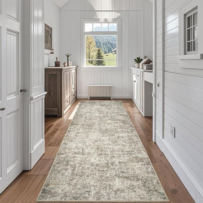 Runner Rug for Hallways Kitchen 2'6"x8' Washable Non Slip: Carpet Non Skid 8ft Entryway Rubber Backed 8 Feet Neutral Abstract Modern Rug Low Pile Pet Friendly Indoor Beige Brown