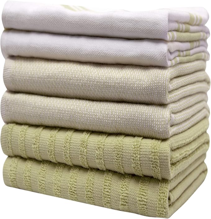 Premium Kitchen Towels 6 Pack Large Cotton Hand Towels Flat Terry Absorbent Wide Stripe Sage Green 20x28