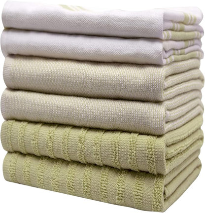 Premium Kitchen Towels 6 Pack Large Cotton Hand Towels Flat Terry Absorbent Wide Stripe Sage Green 20x28