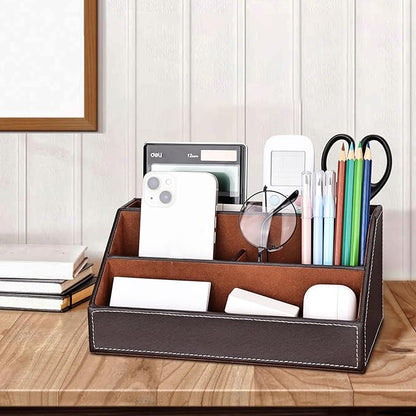 KINGFOM 5PCS Desk Organizer and Accessories Set, Pu Leather Office Supplies with Multifunction Desktop Organizer Box, Tissue Holder, Mouse Pad, Note Paper Holder, Pencil Holder for Desk Brown
