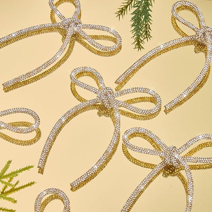 FLAIR GIFTS 6 Pcs 4.3" x 6" 2025 Christmas Bows for Tree Decor, Champagne Gold and Silver Sparkly Glitter Rhinestone Bow Ornaments with Twist Tie for Xmas Decoration, Wreath, Garland, Gift Wrapping