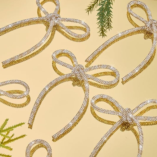 FLAIR GIFTS 6 Pcs 4.3" x 6" 2025 Christmas Bows for Tree Decor, Champagne Gold and Silver Sparkly Glitter Rhinestone Bow Ornaments with Twist Tie for Xmas Decoration, Wreath, Garland, Gift Wrapping