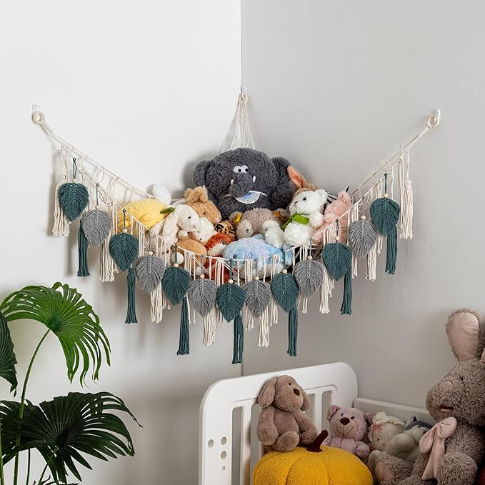 Pretty Jolly Stuffed Animal Storage with Hand Woven Leaf Tassels Hammock Corner Hanging Net Boho Macrame Plush Storage for Kid Room Nursery Decor Wall Display for Girls Gift(Gray&Blue)