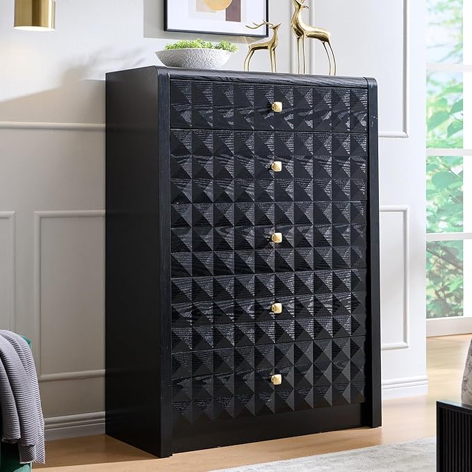 Modern 5 Drawer Dresser for Bedroom, Wooden Tall Dressers &Chests of Drawers w/Two Different Drawer Sizes, Mid Century Modern Dresser w/Diamond Panel Decorate for Bedroom, Curved Profile Design, Black