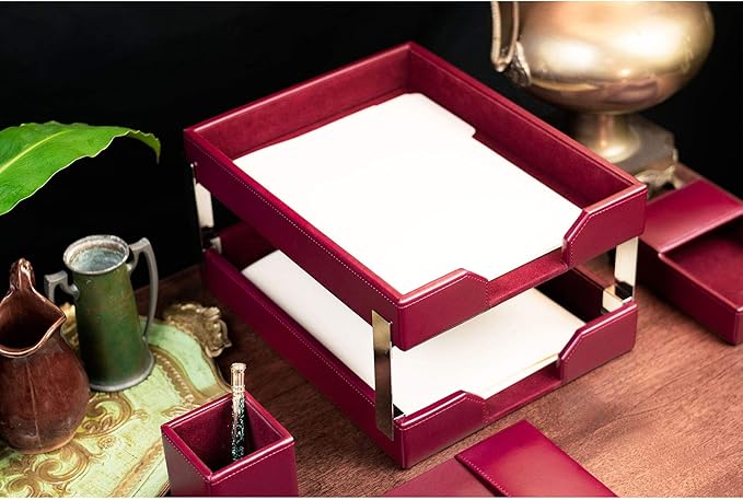 DACASSO Bonded Leather Desk Set - Luxury Leather Desk Pad & Desk Organization Essentials (Burgundy, 8 Piece)
