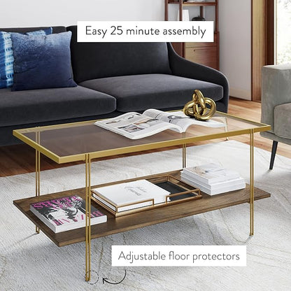 Nathan James Asher Mid-Century Rectangle Coffee Table Glass Top and Rustic Oak Storage Shelf with Sleek Brass Metal Legs, Gold