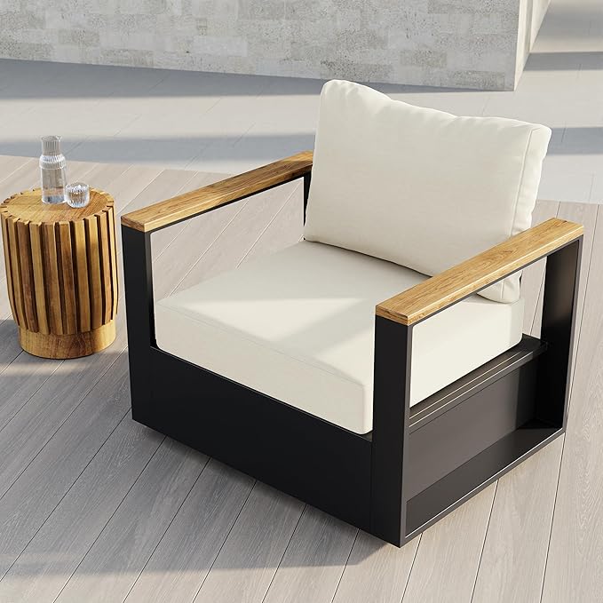 homary Outdoor Swivel Chair, Patio Chair Outdoor Seating with Beige Cushions, Aluminum Frame & Wood Accents, 360° Rotating Base, Weather-Resistant Upholstery for Patio or Deck