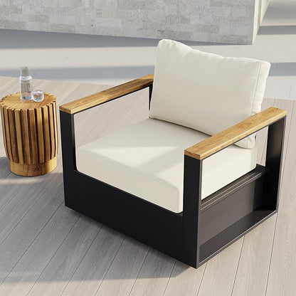 homary Outdoor Swivel Chair, Patio Chair Outdoor Seating with Beige Cushions, Aluminum Frame & Wood Accents, 360° Rotating Base, Weather-Resistant Upholstery for Patio or Deck