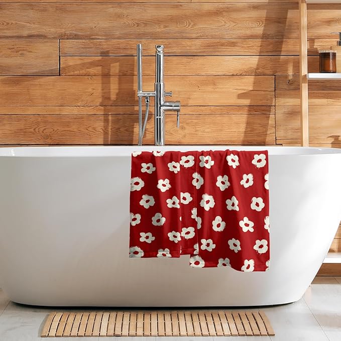 Modern Style Kitchen Dish Towels Set of 2 Red Floral Absorbent Tea Towels, Red Flower