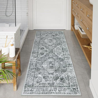 Uphome Boho Tribal Bath Mat Runner, Grey, 2' x 5' (Runner), Non Slip, Machine Washable