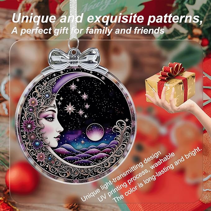 Sun and Moon Christmas Ornament Crystal Glass with Gift Box- Hanging Ornaments for Christmas Tree Xmas Decorations, Holiday Keepsake Present Exchange Ideas