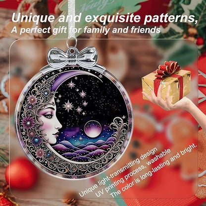 Sun and Moon Christmas Ornament Crystal Glass with Gift Box- Hanging Ornaments for Christmas Tree Xmas Decorations, Holiday Keepsake Present Exchange Ideas