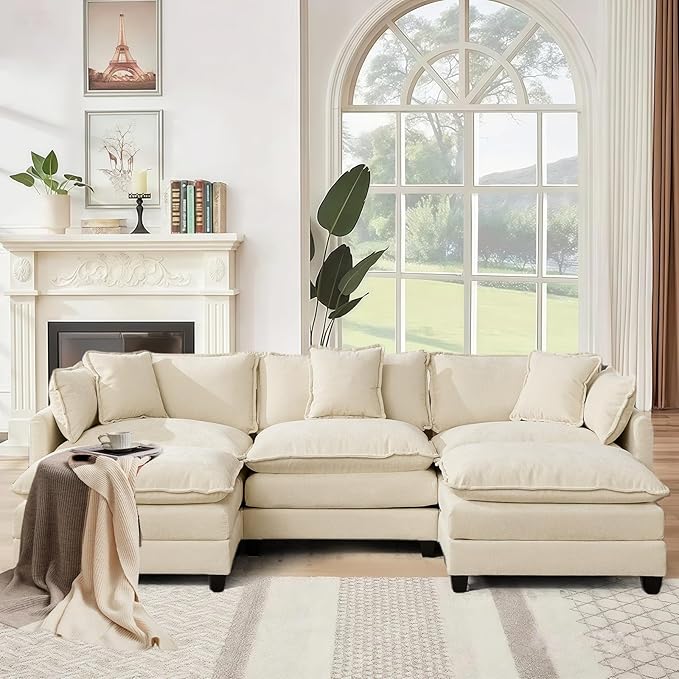 SoarFlash 107.4" Chenille Sectional Sofa, Comfy U Shaped Modular Coush Sofa with Ottoman, Modern 4 Seat Couch Deep Seat Sofa Set for Living Room,Beige
