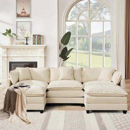 SoarFlash 107.4" Chenille Sectional Sofa, Comfy U Shaped Modular Coush Sofa with Ottoman, Modern 4 Seat Couch Deep Seat Sofa Set for Living Room,Beige