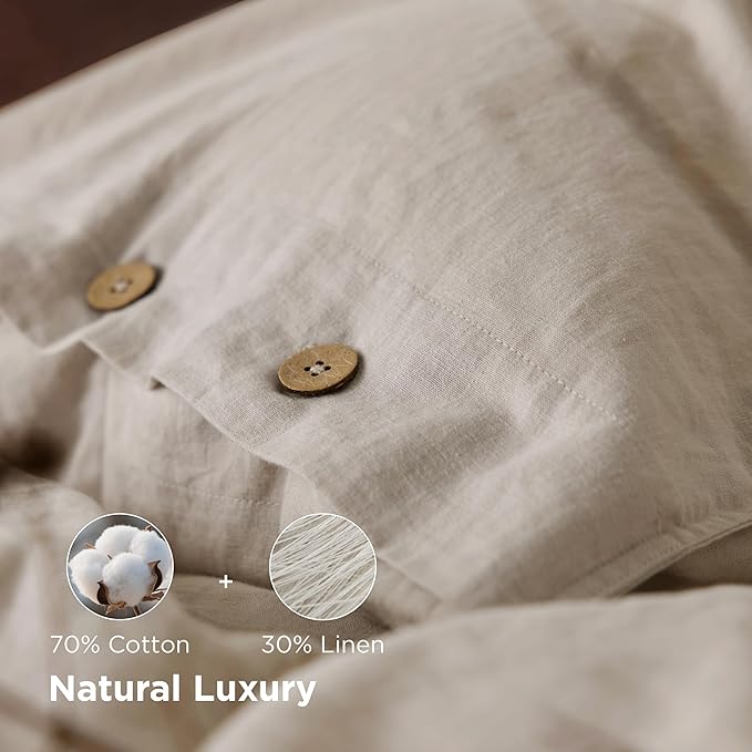 Bedsure Linen Duvet Cover California King - Linen Cotton Blend Bedding Set, Soft & Cozy, 3 Pieces, 1 Duvet Cover 104x98 and 2 Pillowcases, Light Khaki Color Cooling Bedding, Comforter Sold Separately