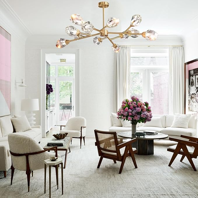 Mid Century Modern Chandelier Sputnik Crystal Chandeliers Ceiling Light Fixtures 12-Light Brass Gold Pendant Lighting for Dining Room, Kitchen Island, Living Room, AP-RYX-12LGBL