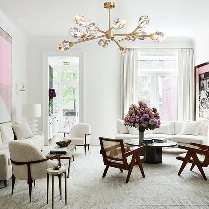 Mid Century Modern Chandelier Sputnik Crystal Chandeliers Ceiling Light Fixtures 12-Light Brass Gold Pendant Lighting for Dining Room, Kitchen Island, Living Room, AP-RYX-12LGBL