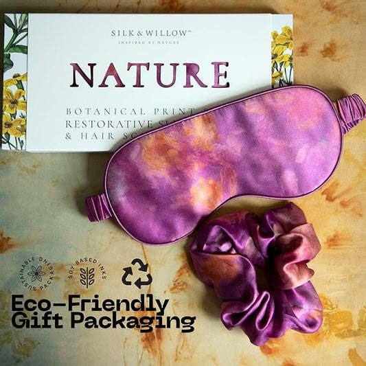 Silk & Willow 100% Pure Mulberry Silk Sleep Eye Mask & Hair Scrunchie Gift Set (Hot Peony)
