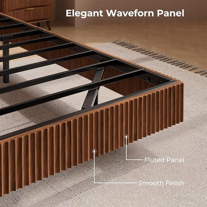 Evermagin Walnut Queen Floating Bed Frame with led Lights, Mid Century Modern Fluted Floating Platform Bed No Headboard, Heavy Duty Metal Float Bedframe No Box Spring Needed
