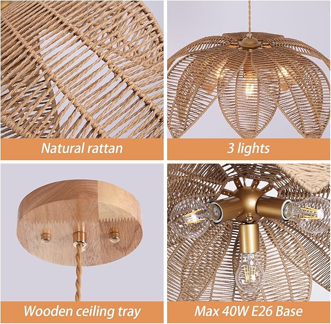 Farmhouse Chandeliers for Dining Room, 3-Light Rattan Boho Chandelier Light Fixture Hand Woven Wicker Pendant Light 24", Coastal Hanging Pendant Light for Kitchen Island Bedroom Living Room