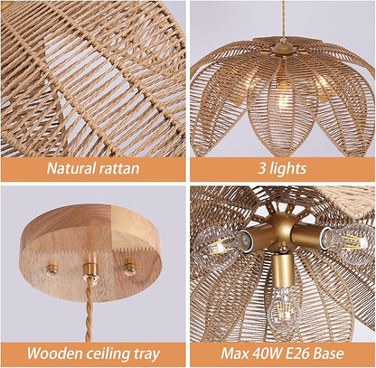 Farmhouse Chandeliers for Dining Room, 3-Light Rattan Boho Chandelier Light Fixture Hand Woven Wicker Pendant Light 24", Coastal Hanging Pendant Light for Kitchen Island Bedroom Living Room