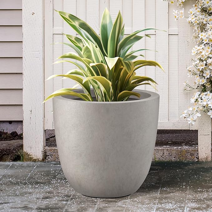 Kante 18 Inch Diameter Round Concrete Planter, Indoor Outdoor Large Plant Pot with Drainage Hole and Rubber Plug for Home Patio Garden, Buff Concrete