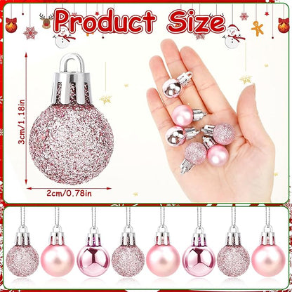 Jansun 60PCS Pink Christmas Mini Balls Ornaments Miniature Xmas Tree Hanging Decorations Small Vintage Glitter Balls for Holiday Party Outdoor Indoor DIY Craft Decor Supplies
