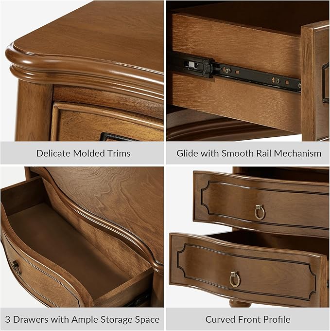 HULALA HOME Wood Nightstand with Charging Station, 3 Drawer Traditional Nightstands, End Table with Solid Wood Legs for Bedroom, USB Ports & Three-Prong Plugs, SEADRIFT