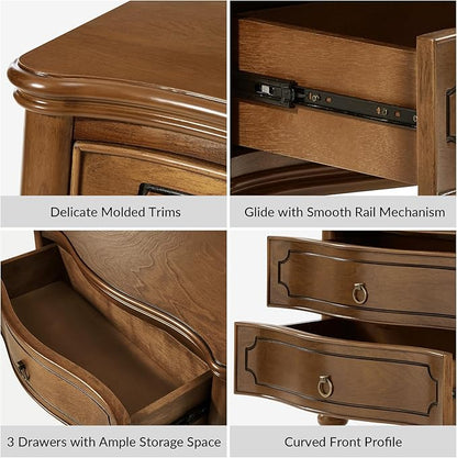 HULALA HOME Wood Nightstand with Charging Station, 3 Drawer Traditional Nightstands, End Table with Solid Wood Legs for Bedroom, USB Ports & Three-Prong Plugs, SEADRIFT