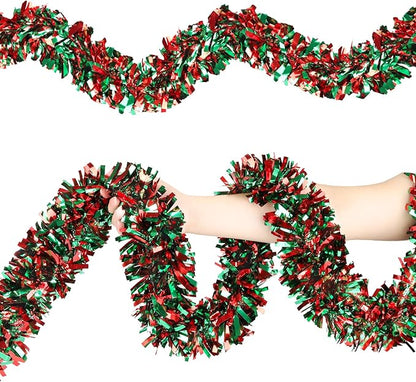 50FT Christmas Tinsel Garland, Red Green Metallic Twist Shiny Hanging Garland Ornaments for Christmas Tree, Party Supplies Thick Metallic Xmas Streamers