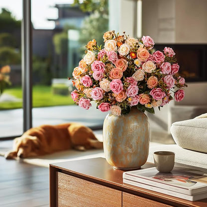 Artificial Flowers for Outdoor 4 Bundles Rose Bouquet with Daisy Faux Flowers UV Resistant for Home Indoor Outside Garden Porch Window Box Balcony Yard Porch Decor (Pink+Orange)