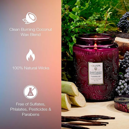 Voluspa Santiago Huckleberry, Large Candle Jar, 18 oz, 100 Hour Burn Time, Coconut Wax for Clean Burning, Handcrafted in the USA