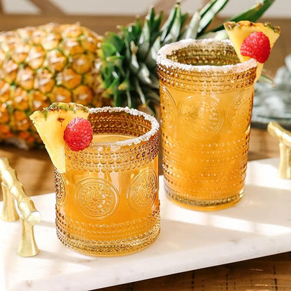 Kate Aspen Hobnail Beaded Floral Amber Drinking Glasses Set of 6, (10 oz) Vintage Glassware Set Cocktail Glass Set, Juice Glass, Water Cups | Great Hostess Gift & Gift for New Home Owners