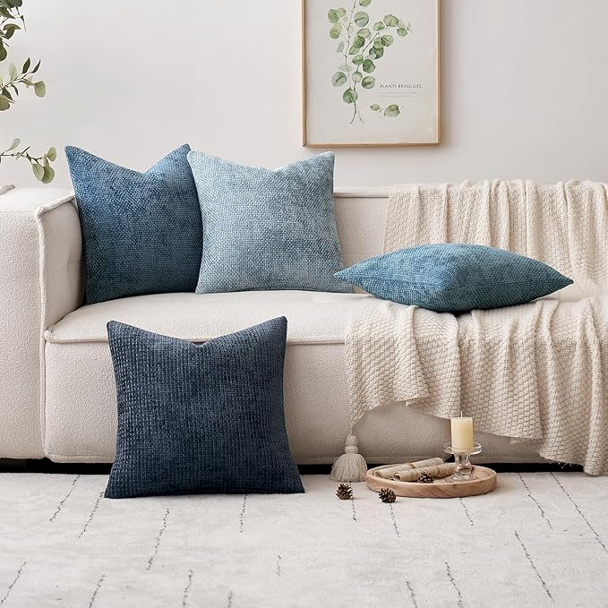MIULEE Pack of 4 Throw Pillow Covers 22x22 Inch Neutral Blue Soft Decorative Chenille Pillow Covers Farmhouse Accent Cushion Covers for Boho Western Home Coastal Decor Bedroom Living Room
