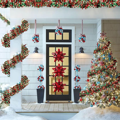 50Ft Christmas Tinsel Garland - Red Green Silver Shiny Metallic Twist Decor for Christmas Tree Home Stairs Railing Front Door Mantle Fireplace Indoor Outdoor Holiday Party