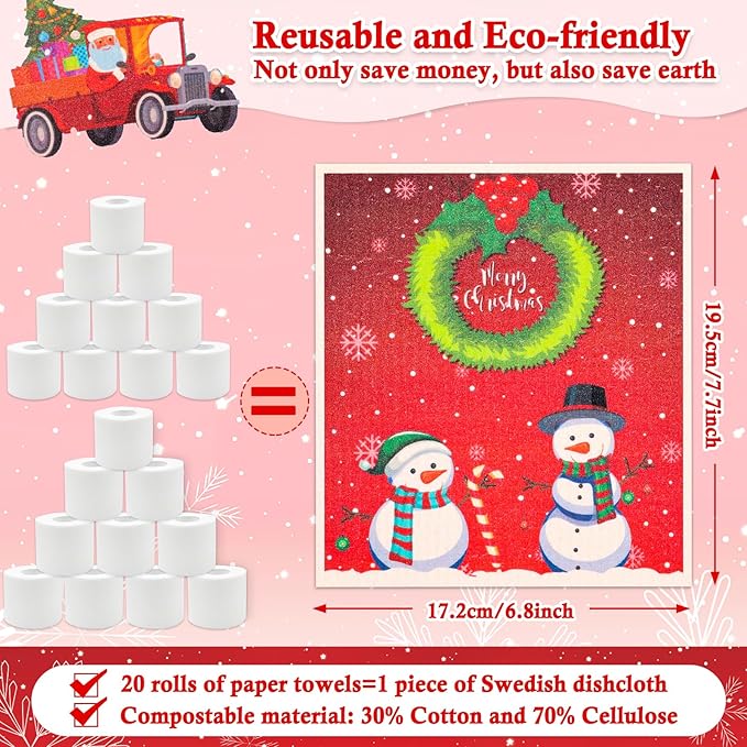 Christmas Swedish Dishcloths Set of 8 Reusable Holiday Kitchen Dish Towels