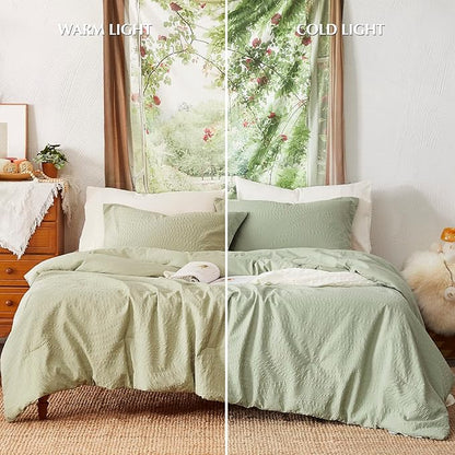 Geniospin Queen Comforter Set - 7 Pieces Botanical Textured Sage Green Bedding Sets, Boho Shabby Chic Comforter Set, All Season Lightweight Bed in a Bag with Comforter, Sheets, Pillowcases & Shams