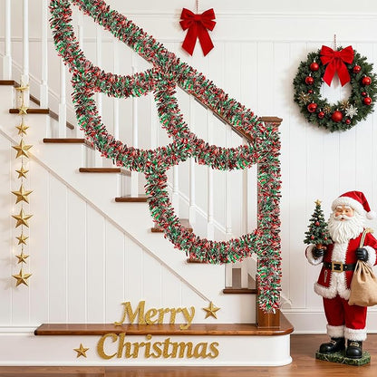 50FT Christmas Tinsel Garland, Red Green&Silver Metallic Twist Shiny Hanging Garland Ornaments for Christmas Tree, Party Supplies Thick Metallic Xmas Streamers