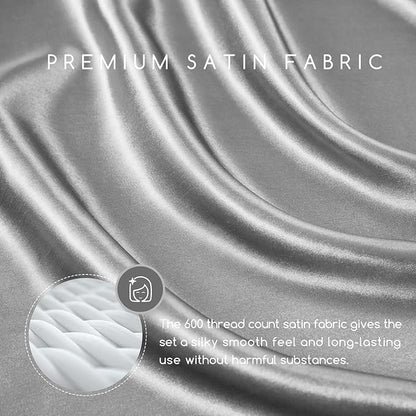 MR&HM Satin Bed Sheets, Queen Size Sheets Set, 4 Pcs Silky Bedding Set with 15 Inches Deep Pocket for Mattress (Queen, Silver Grey)