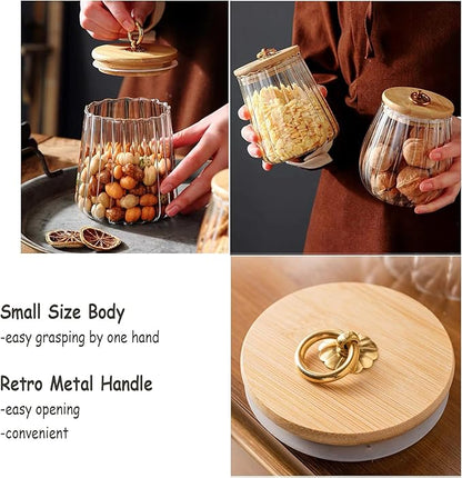 FANTESTICRYAN Glass Coffee Nuts Canister Airtight Storage Jar Petal Decorative Container with Bamboo Lid Metal Handle Easy to Grasp 700ml, 23 FL OZ