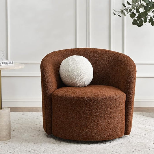 KINWELL Sherpa Swivel Barrel Chair & Round Ball Pillow Set - 34" Wide Modern Boucle Accent Chair with 9” Matching Nordic Decorative Throw Pillow for Living Room and Bedroom(Brown)