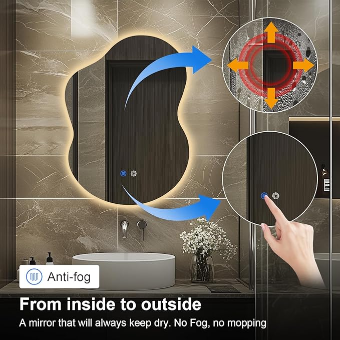 30"x22" Irregular LED Bathroom Wall Mirror with Front & Backlight, Anti-Fog, Dimmable, 3 Color Modes, Wall-Mounted [Horizontal/Vertical]